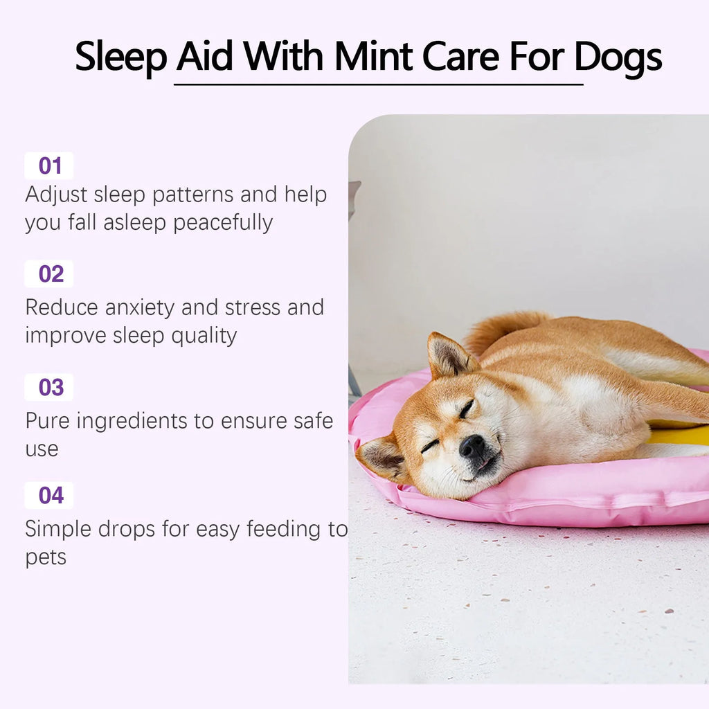 60ml bottle of Dog Sleep Drops for pets, measuring 3.3cm by 12cm.