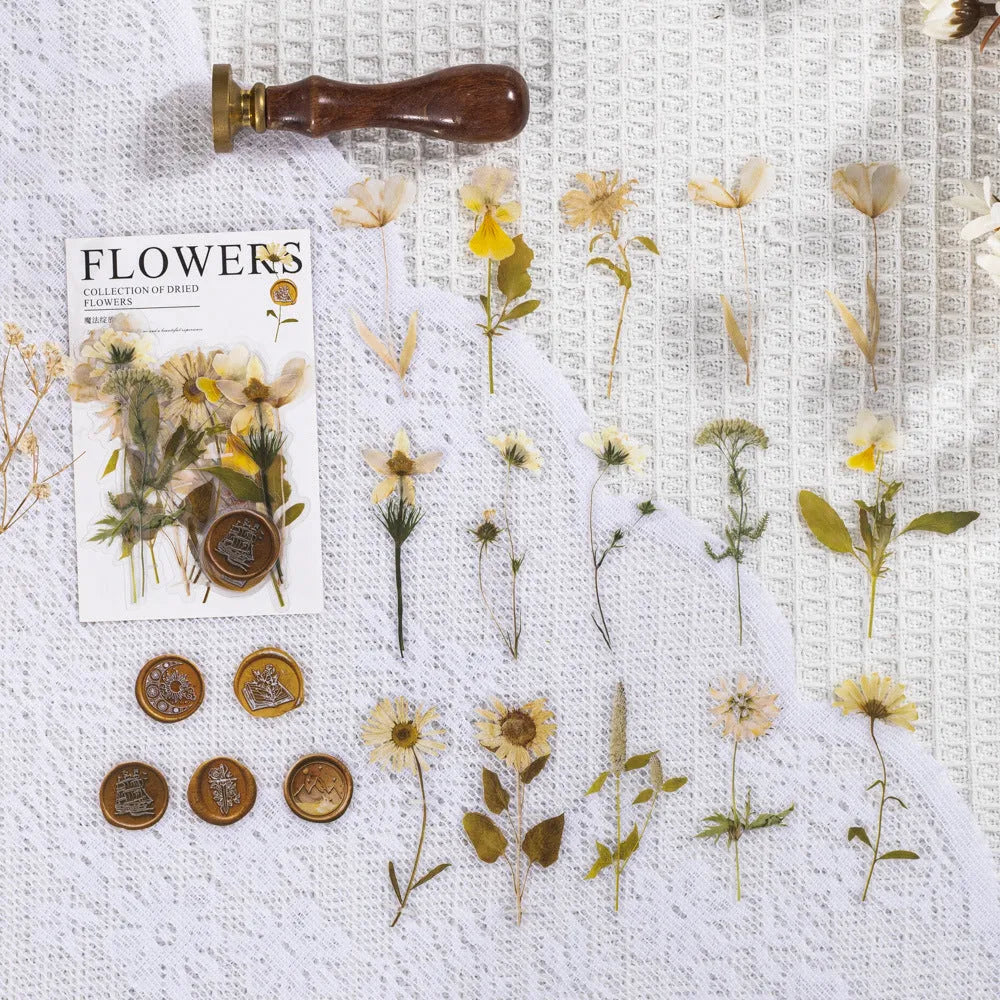 Set of dried flowers artistic stickers for journal decoration showing eight colour designs on 70mm PET sheets