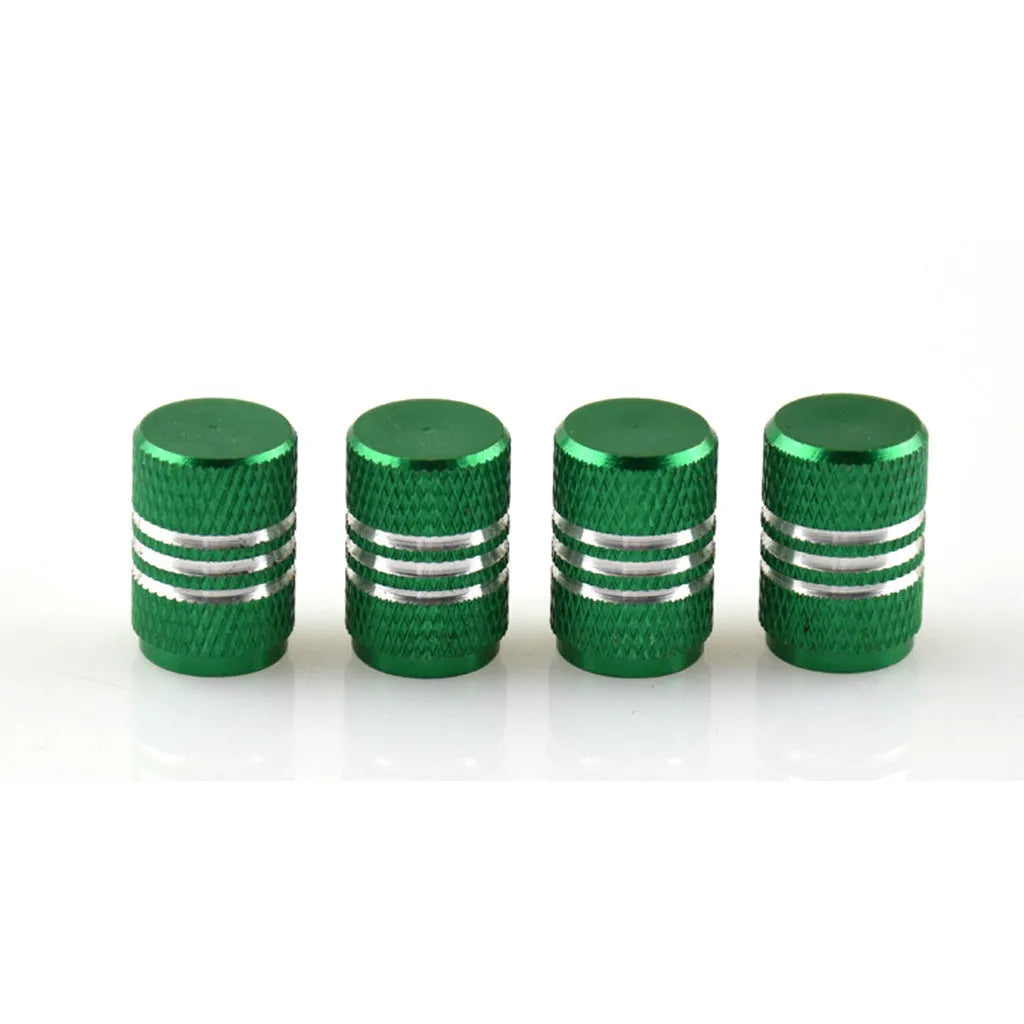 Set of stainless steel car tyre valve caps in assorted colours: black, red, blue, gold, silver, green, purple, sky blue, grey, orange.
