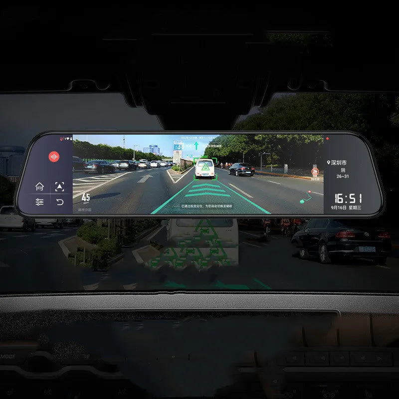 12-inch rearview mirror tachograph with touch screen display showing navigation and dual camera feeds