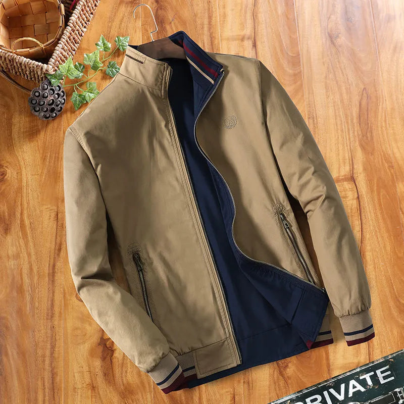 Plus velvet thick loose fit cotton jacket for middle aged men winter striped zipper brown