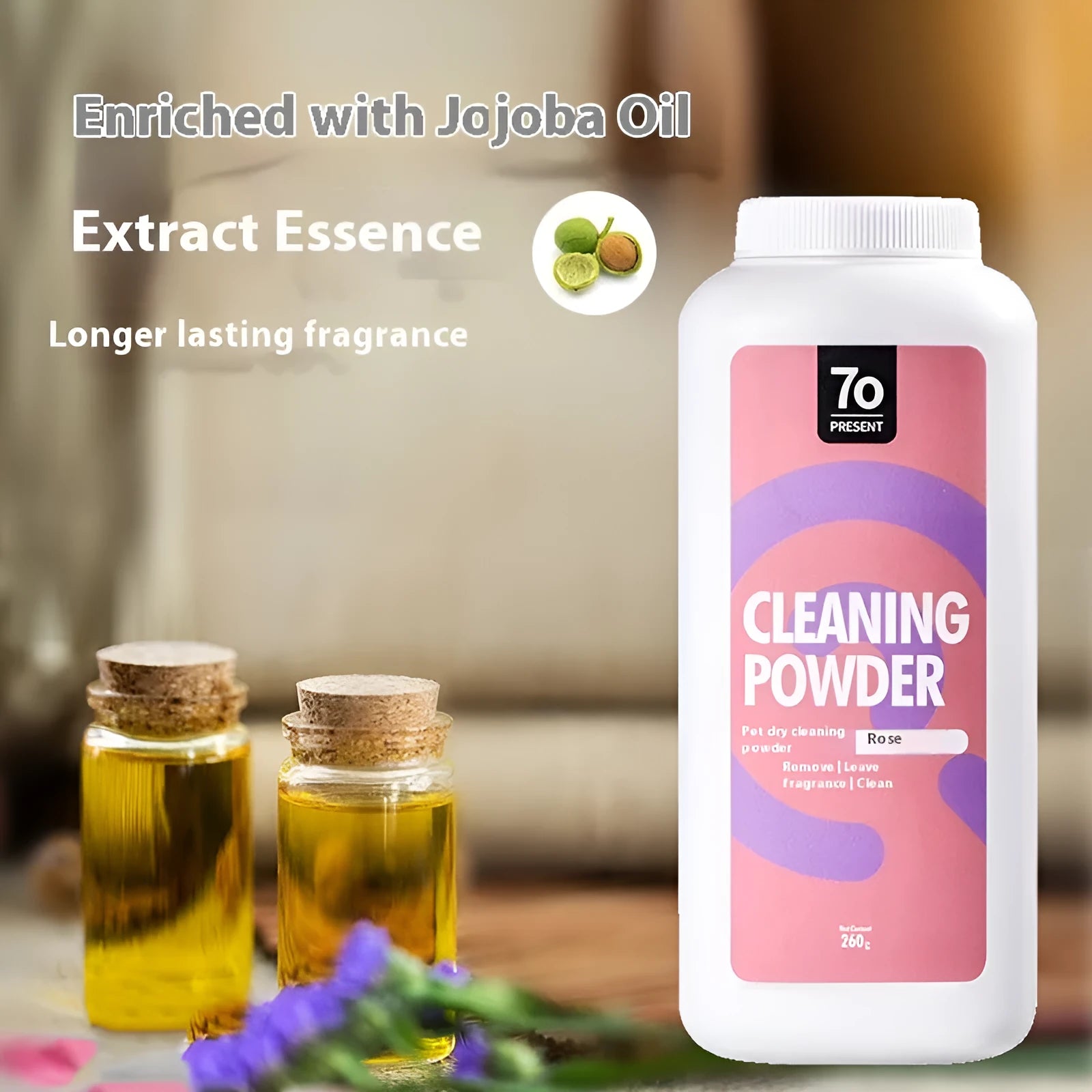Dog pet dry cleaning powder 260g in packaging showing rose, Seville orange, and menthol flavours