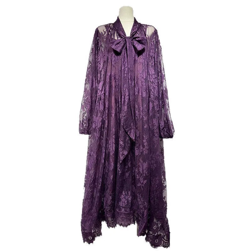 Hollow jacquard sling lace see-through loose ribbon A-line long dress in brown, apricot, and purple