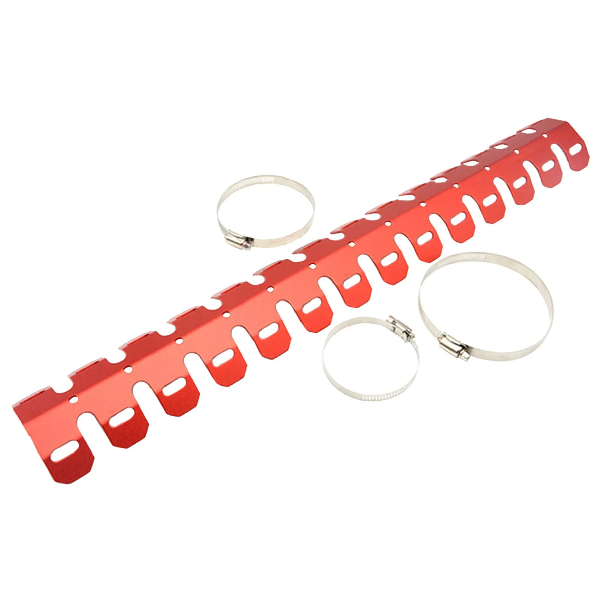 Aluminium alloy exhaust heat shield 60cm long 11cm wide for off-road motorcycle in red with cable tie mounting