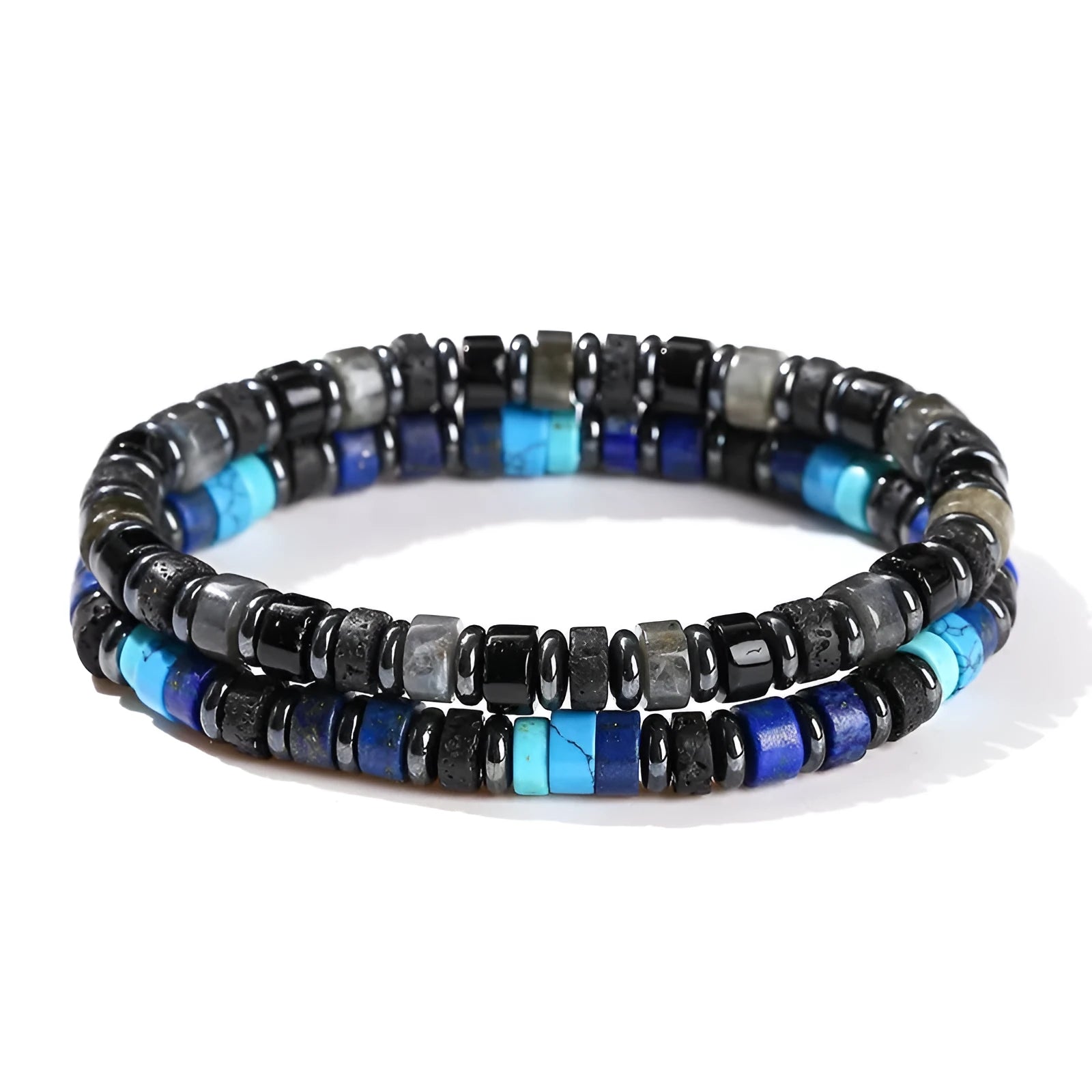 Natural volcanic rock and haematite 6mm bead bracelet with geometry-shaped stones
