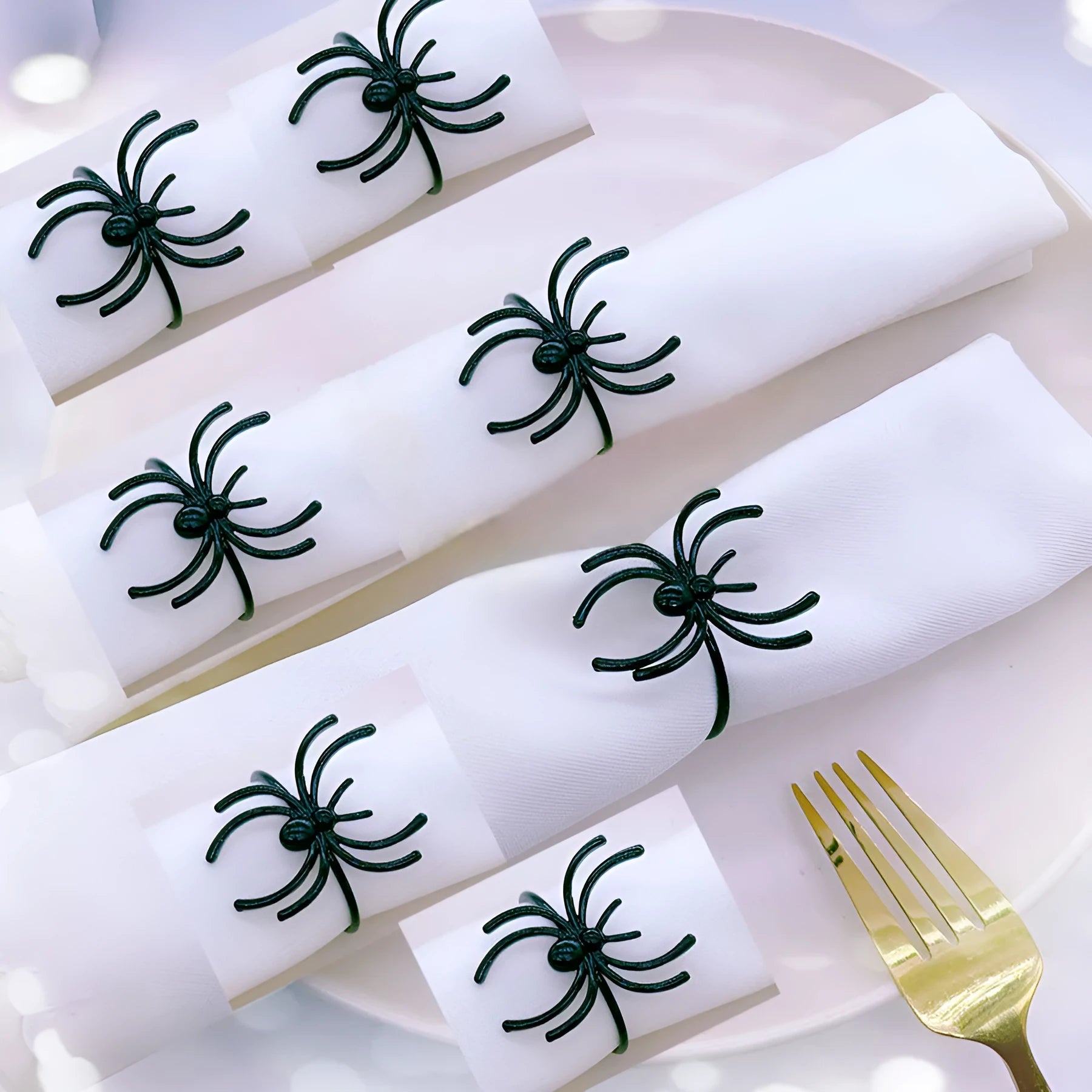 Six black alloy spider napkin rings for Halloween table decoration
