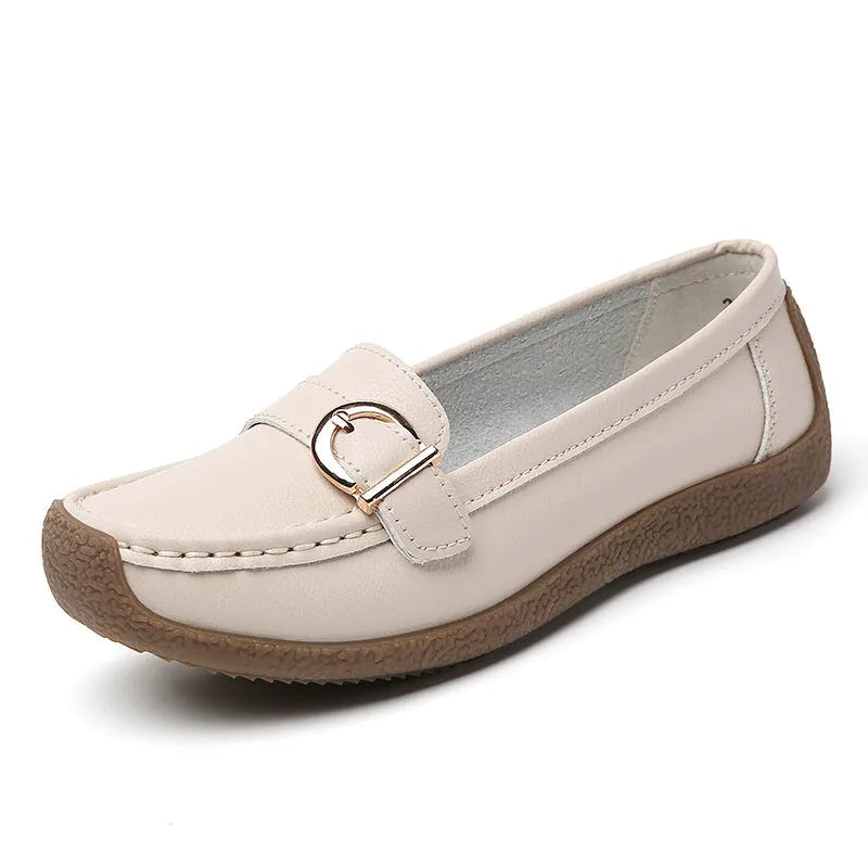 Beige women's casual loafers flat shoes with round toe and shallow mouth design