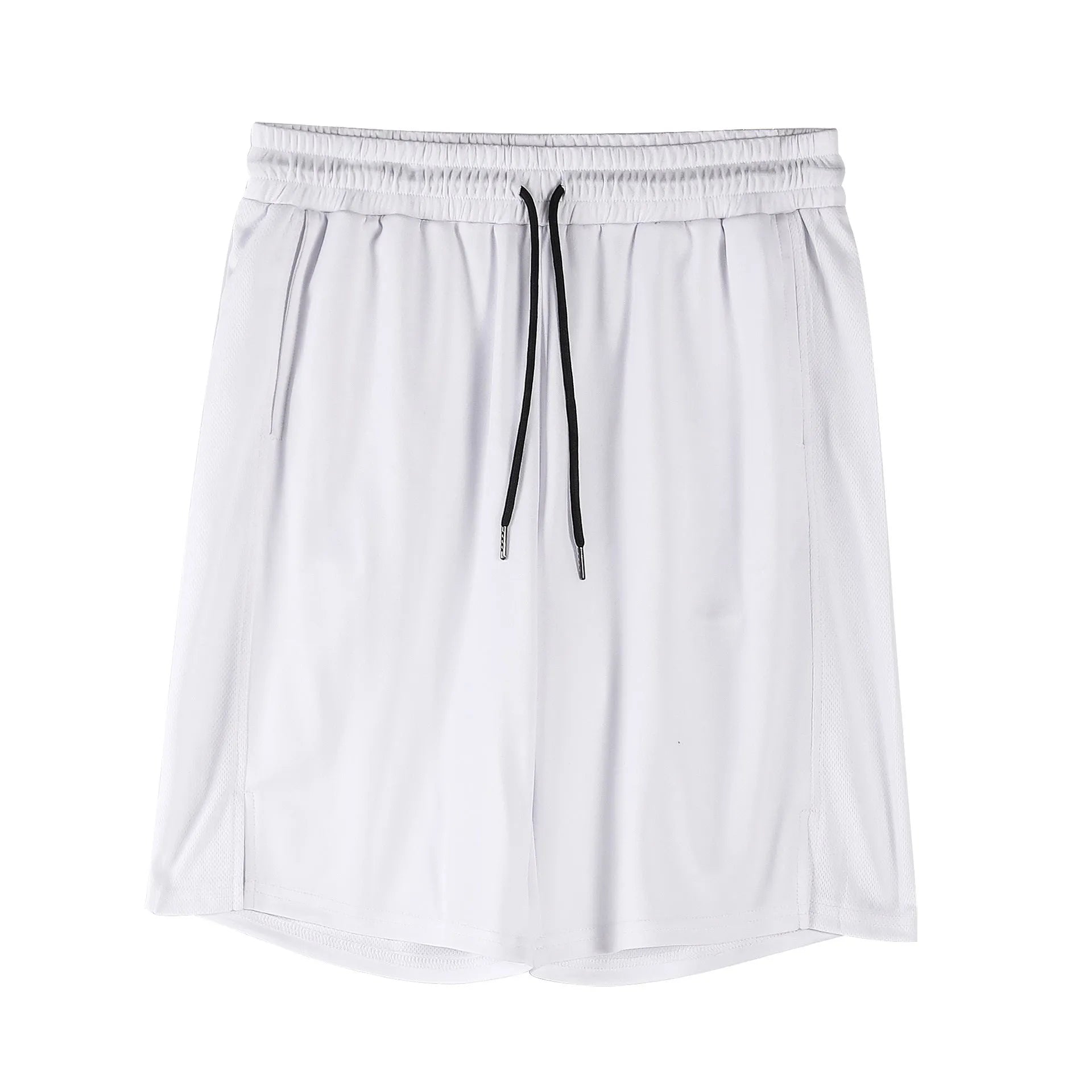 A man wearing loose-fitting black quick-dry mesh fitness shorts with an elastic waist.
