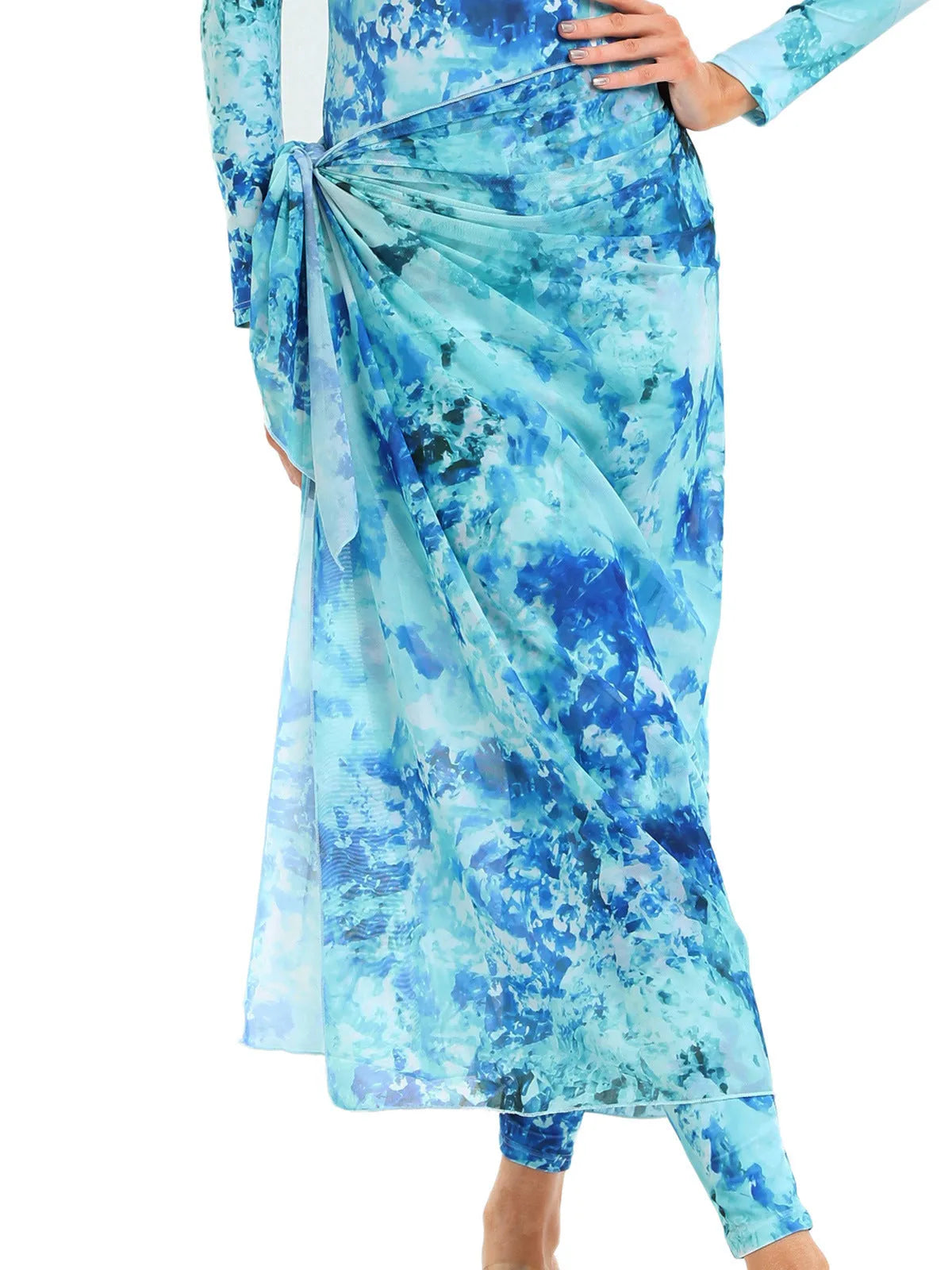 Conservative blue swimsuit and apron three-piece set for women on a mannequin.
