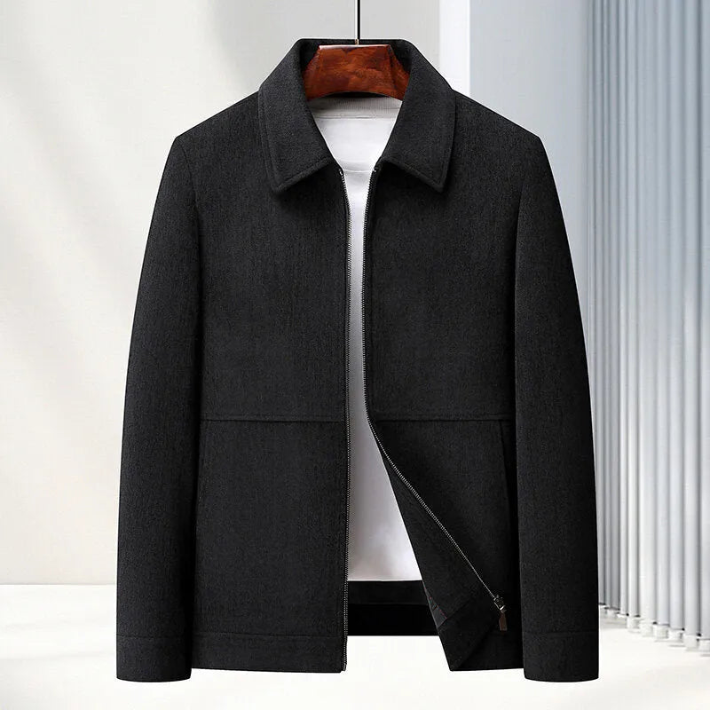 Men's slim fit lapel-collar casual jacket in dark blue, made from Vinylon fabric.
