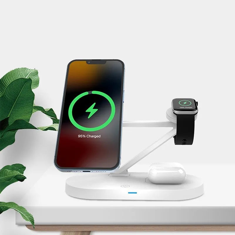 Black 3-in-1 wireless charging station showing phone, Apple Watch and AirPods charging simultaneously.
