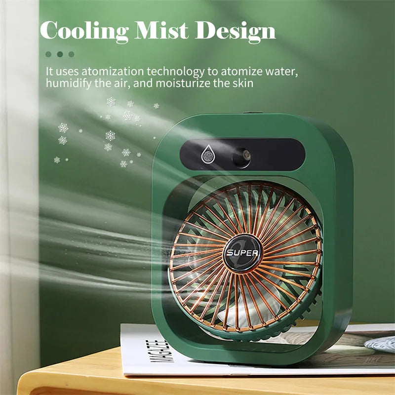 Green USB rechargeable misting fan with 3 speed settings and adjustable head on a desk