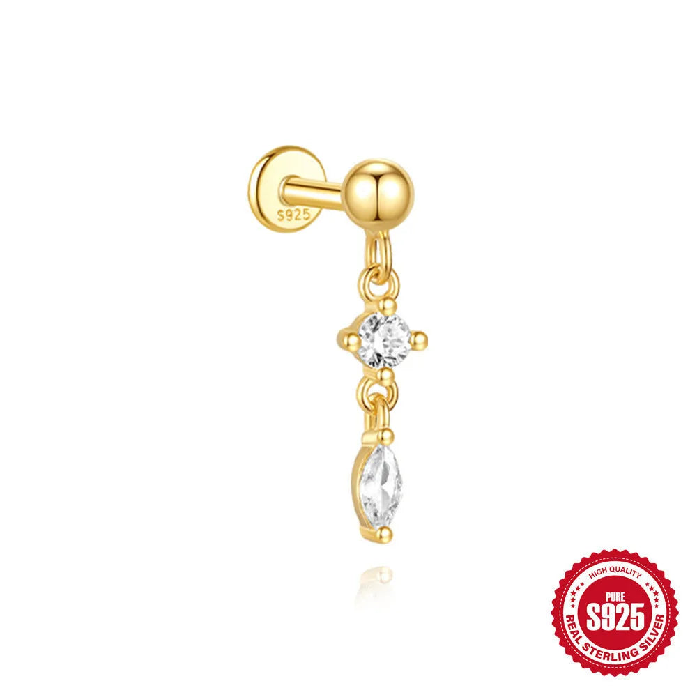 S925 sterling silver water drop shaped earrings with a flat spiral geometric design on a white background.