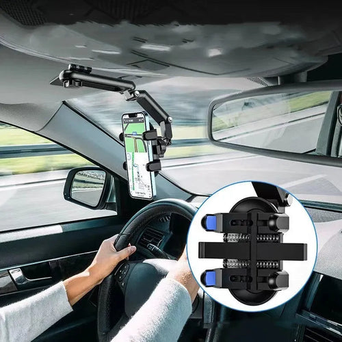 Black and green car mount sun visor with buckle-type attachment for rear seat passenger shading.
