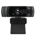 Black USB webcam with built-in microphone and universal clip for computer video calls