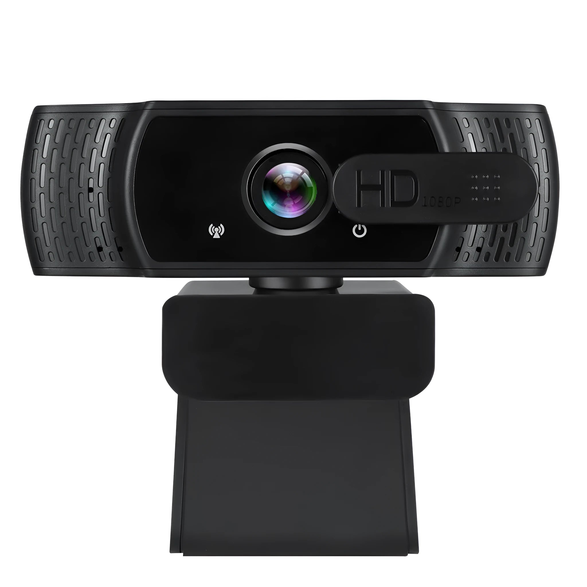 Black USB webcam with built-in microphone and universal clip for computer video calls