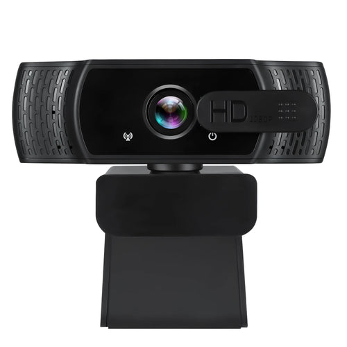 Black USB webcam with built-in microphone and universal clip for computer video calls