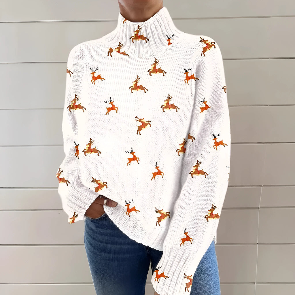Women's printed Christmas turtleneck sweater in macaron colours with loose fit and long sleeves