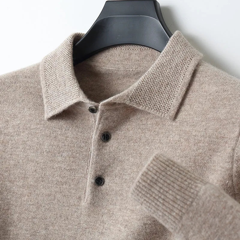 Men's grey wool pullover sweater with a polo collar and long sleeves on a hanger.