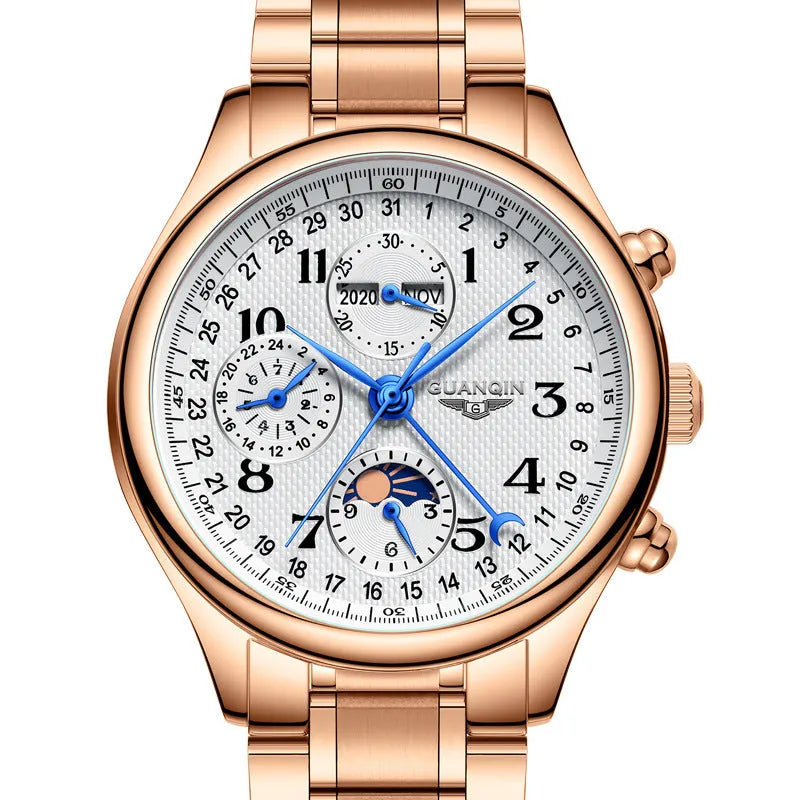 Men's mechanical perpetual calendar watch with moon phase display and luminous hands