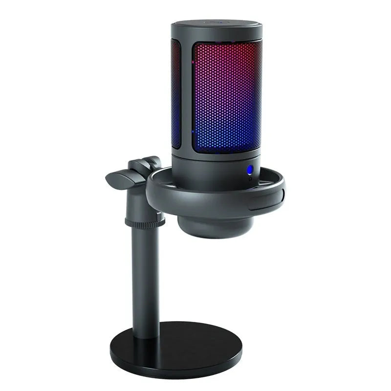 Condenser microphone with RGB lighting in black, white, or pink colours with USB cable