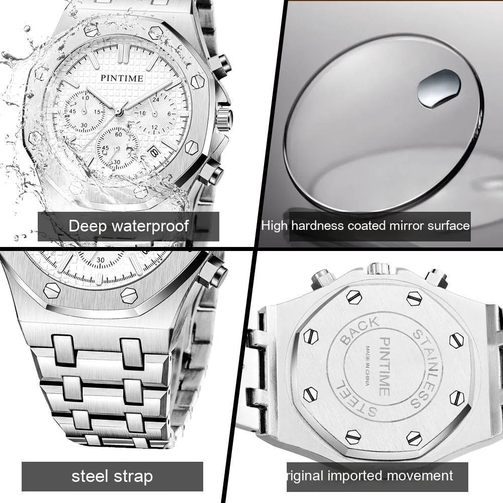 Silver multifunctional six-pin business casual quartz watch with alloy strap, 41.5mm dial, and mineral glass mirror on a flat surface