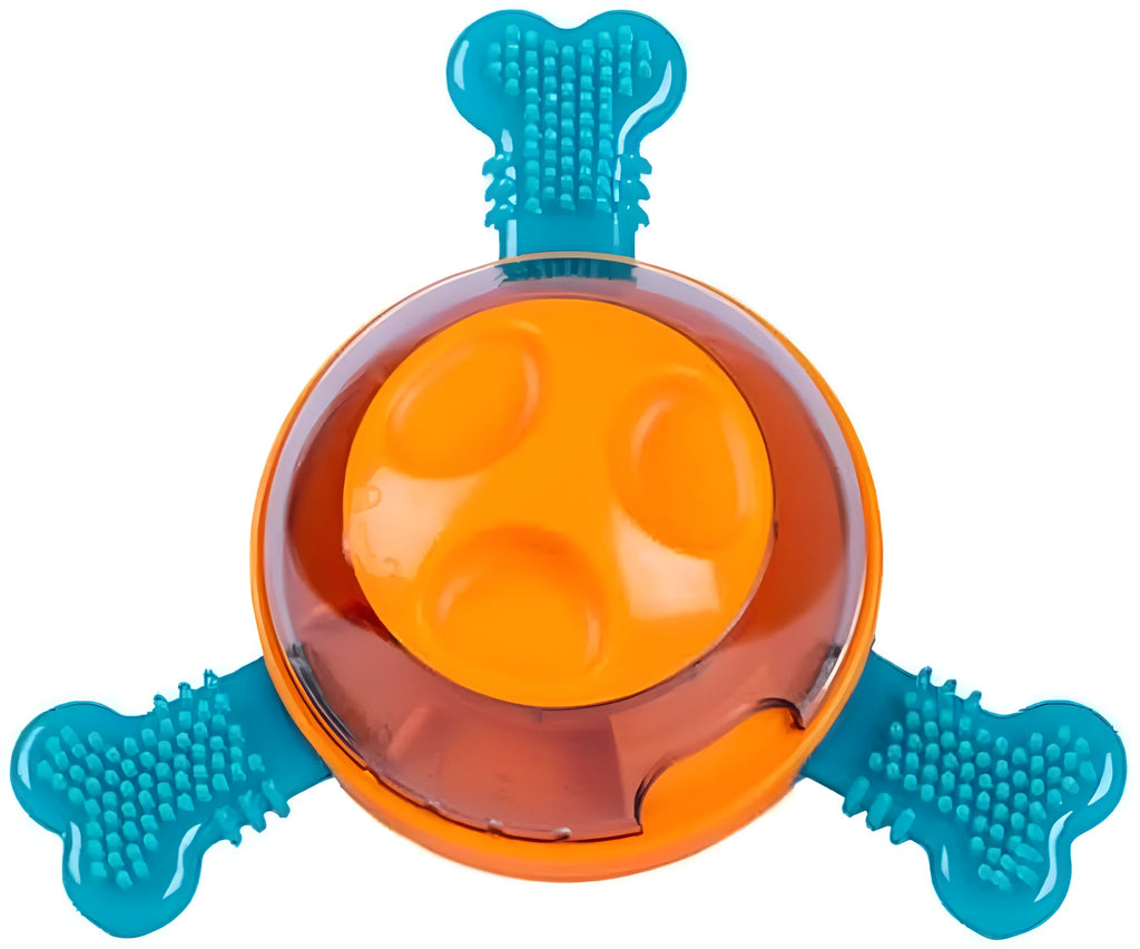 Blue rubber interactive chew toy and slow feeder for small medium dogs.