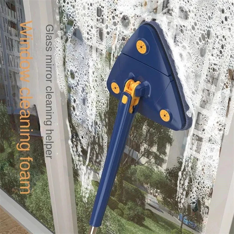 Blue triangle cleaning mop with rotating head and extendable stainless steel pole on a tiled floor