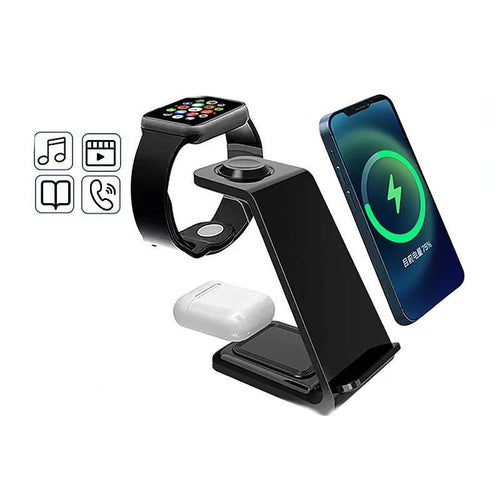 White 3-in-1 upright wireless charger and phone holder on a desk with a mobile phone charging.