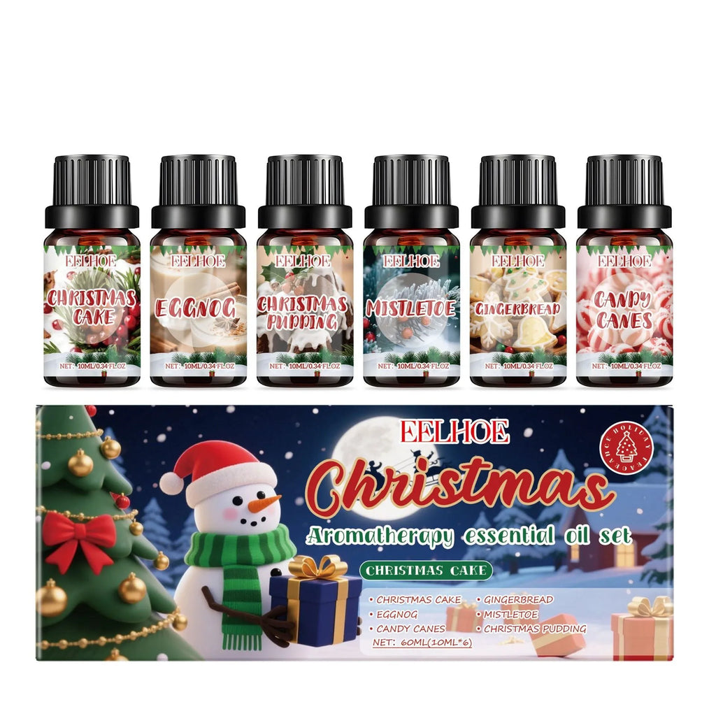 Christmas aromatherapy oil set showing six bottles with holiday scents for home fragrance