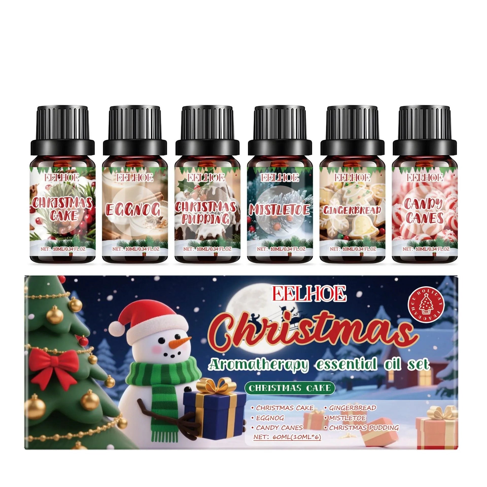 Christmas aromatherapy oil set showing six bottles with holiday scents for home fragrance