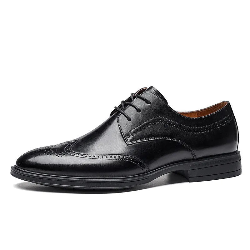 Men's leather Oxford brogue shoes in black and dark brown with round toe and rubber sole