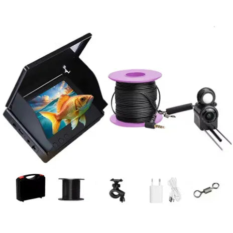 Fish finder underwater HD camera with 4.3-inch screen, temperature sensor, and long video cable.