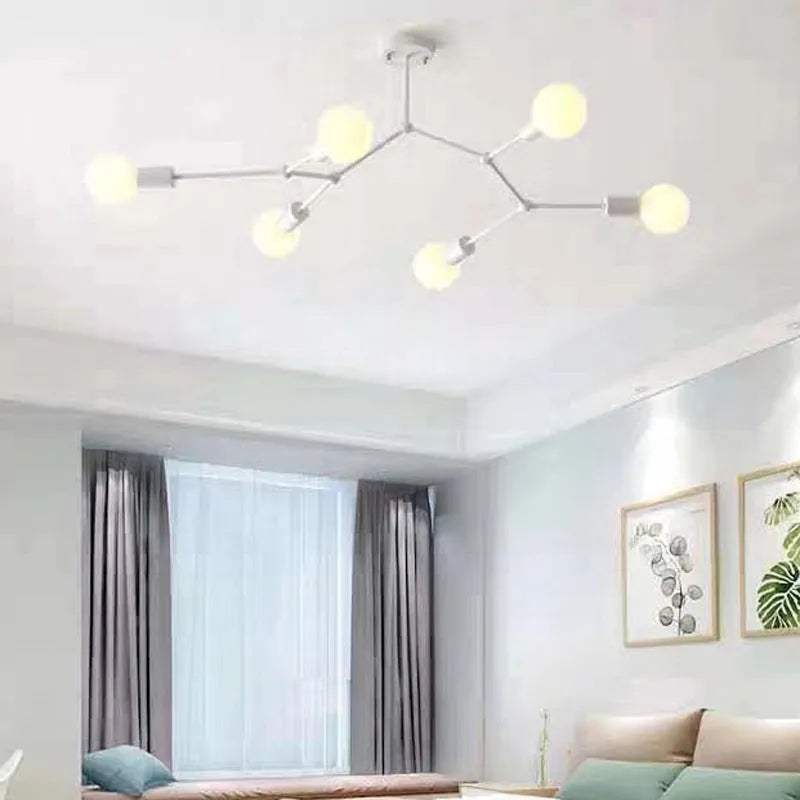 Nordic style iron chandelier ceiling lamp in black or white with multiple head configuration options