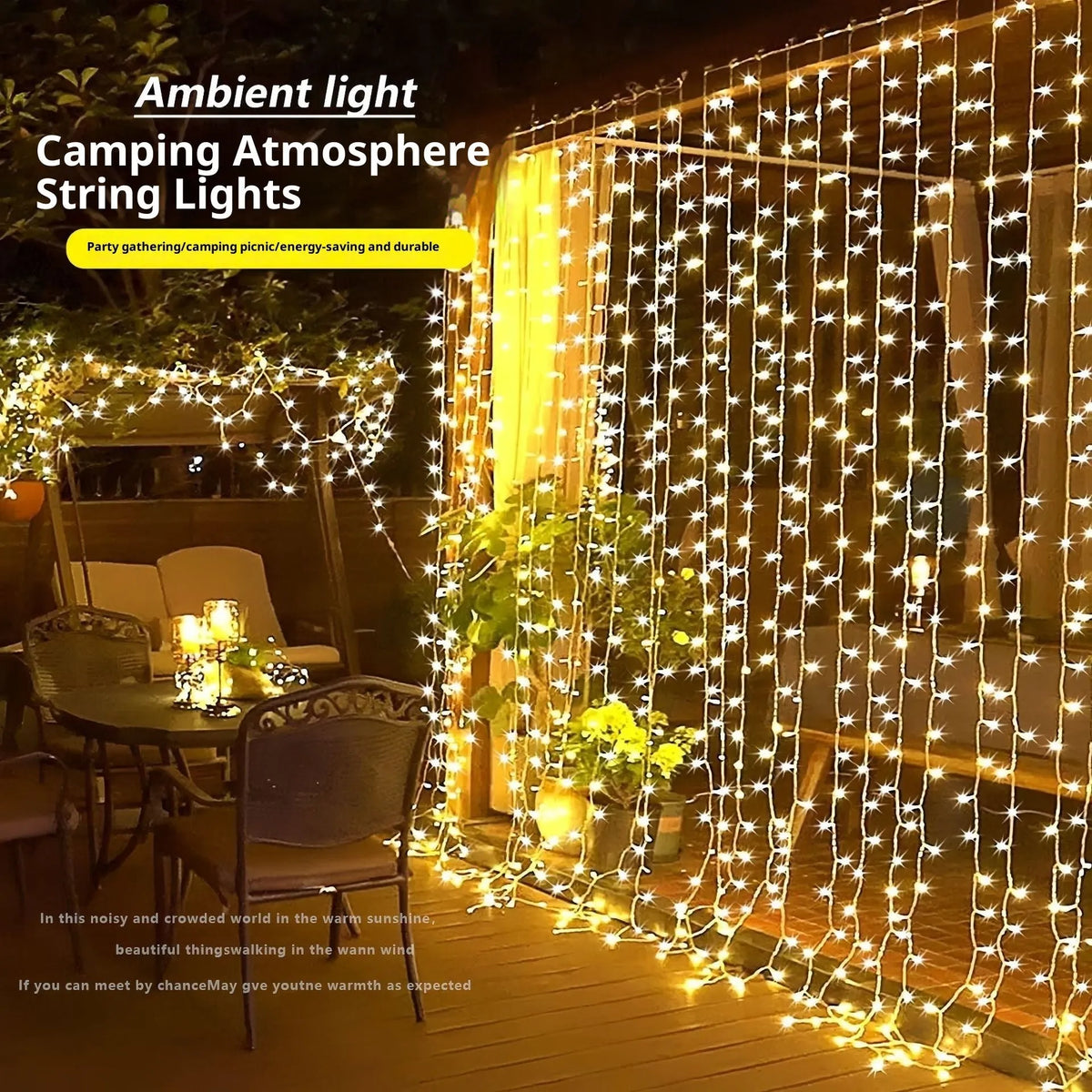 Curtain lighting chain with 300 warm flower-shaped lights on copper wire for outdoor decoration