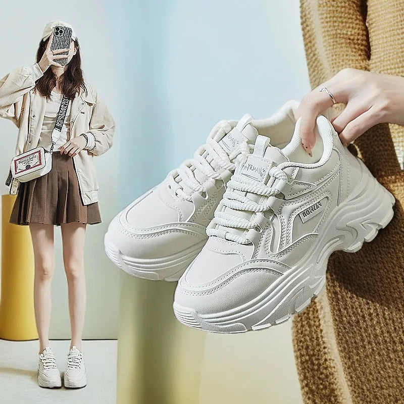 Breathable height increasing low-top shoes for women, artificial PU upper, round toe, black colour, side view
