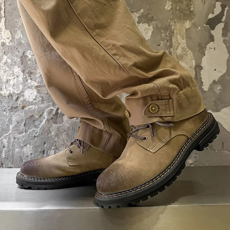 Mens outdoor short boots with low heel, lace-up front, round toe, rubber sole, available in coffee and khaki, sizes 38-44