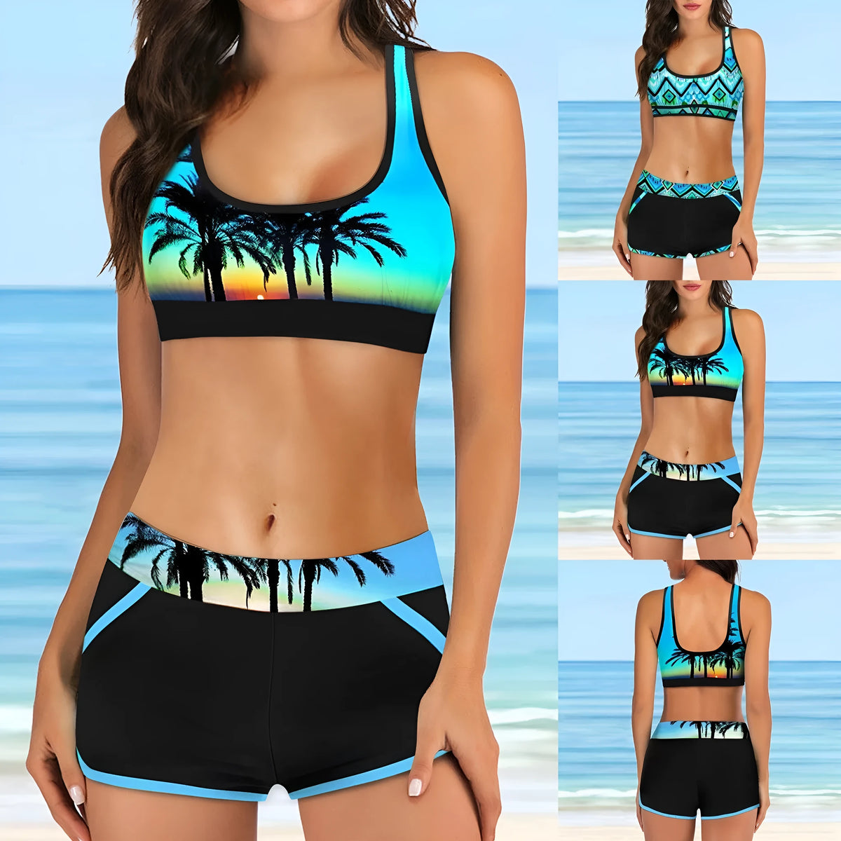Women's polyester bikini set with digital pattern print, solid colour, sleeveless top and matching shorts
