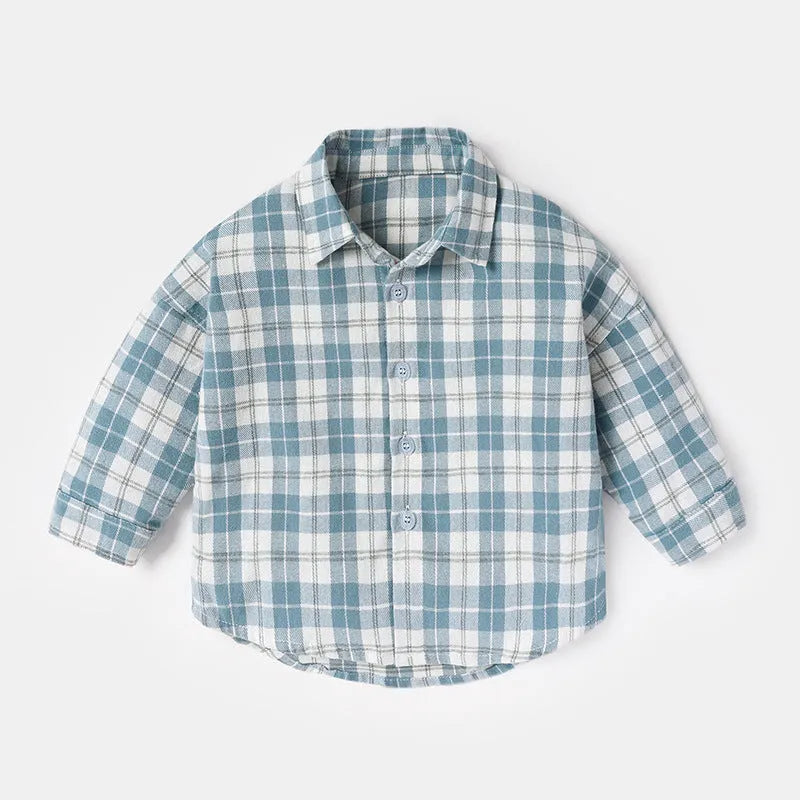 Boys' cotton lattice shirt in khaki, light blue, pink, or yellow with long sleeves for spring and autumn wear