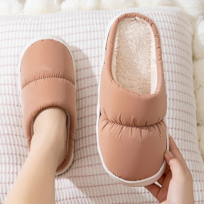 Winter indoor slippers with artificial leather upper, rubber anti-slip sole, and plush lining