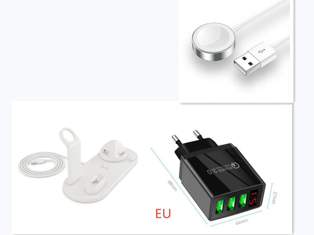 4 in 1 wireless charger stand for iPhone Samsung iWatch AirPods in black silicone material with 360 degree rotating dock