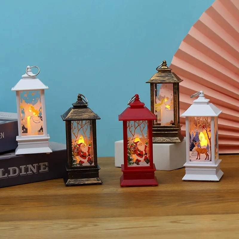 Christmas portable oil lamp with Santa Claus and Christmas tree design, plastic, battery powered, hanging lantern