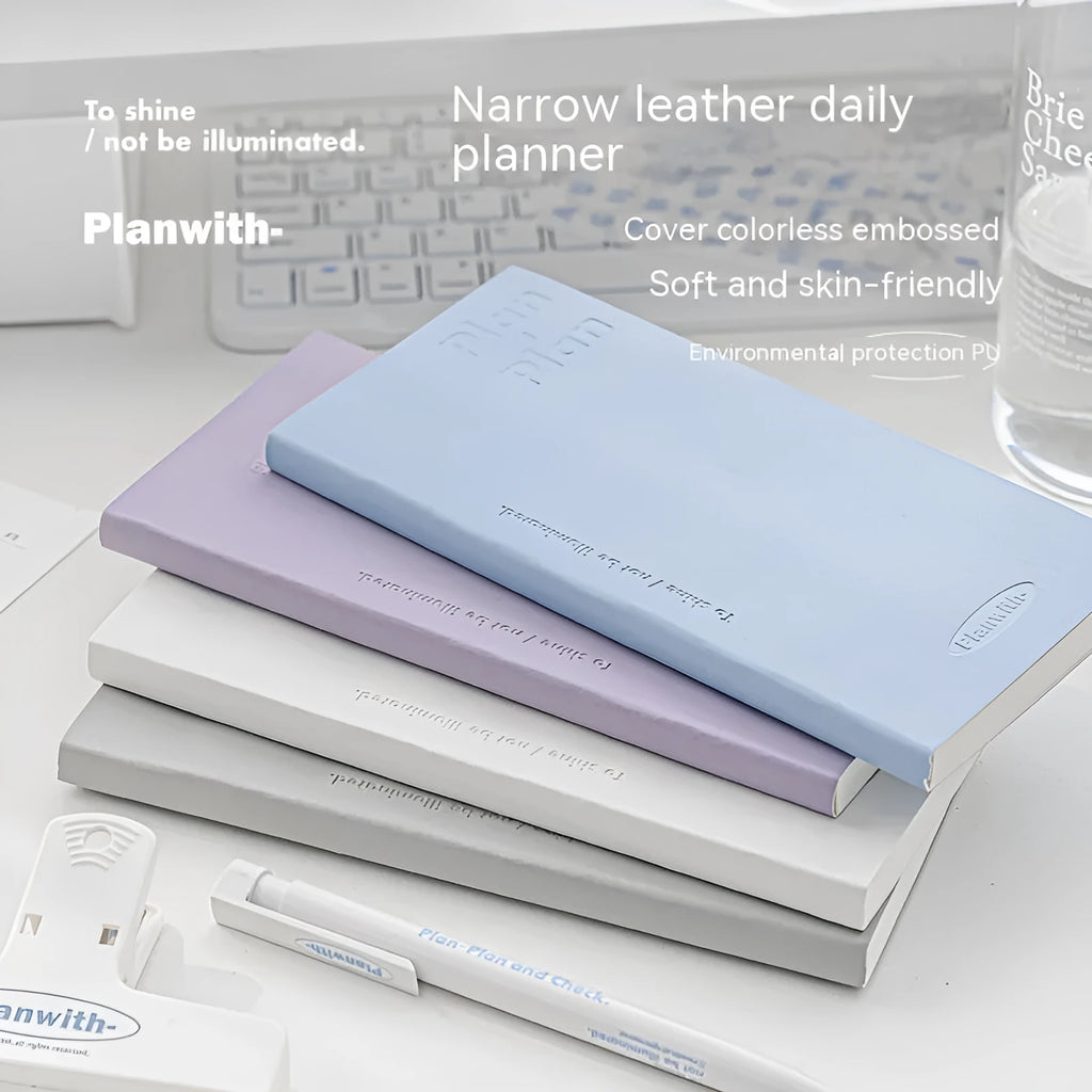 Embossed simple visual daily meter book notebook open, showing white 100g paper, available in blue, grey, purple, white, and protective cover colours.