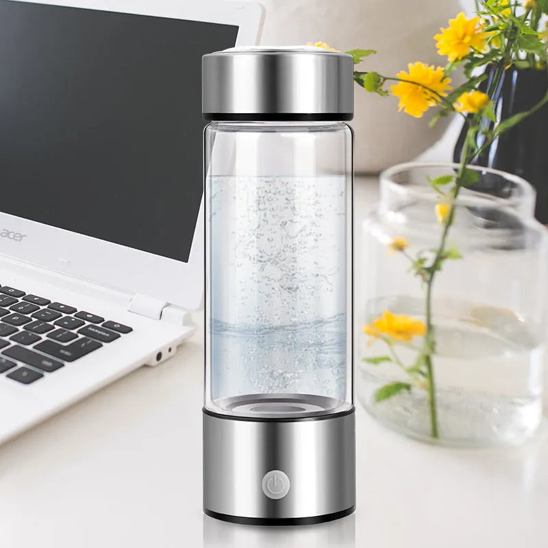 Electric hydrogen water generator bottle in silver colour with borosilicate glass construction and 500ml capacity