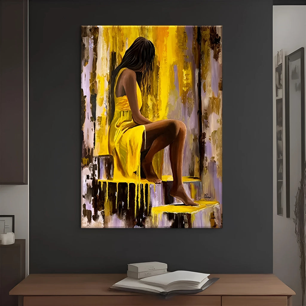 Hand-painted oil painting of a girl in a yellow dress on vertical canvas for living room wall decor
