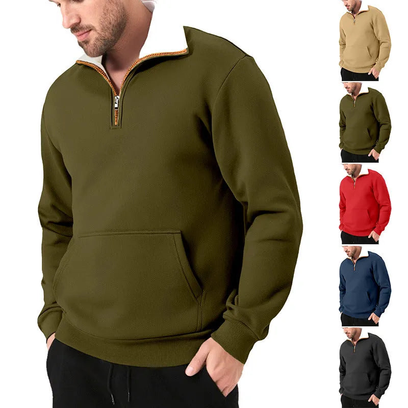 Men's colour-block zipper retro casual knit sweater in khaki, polyester fleece, short sleeve pullover