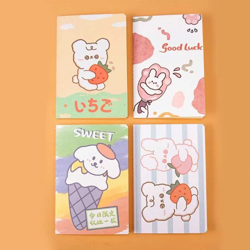 Cartoon A5 notebook with 30 sheets, showing cover design options like Cute Bear and Strawberry Rabbit.