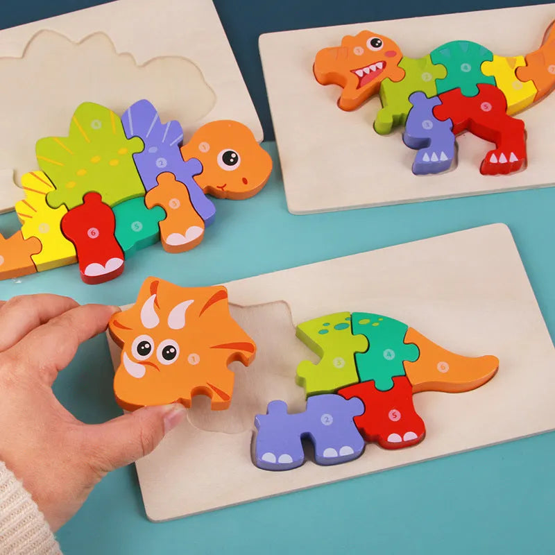 Wooden 3D dinosaur puzzle educational toy set for children with six different models