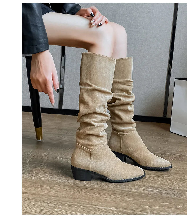 French mid-calf khaki suede western boots with height-increasing insole 5cm cloth lining