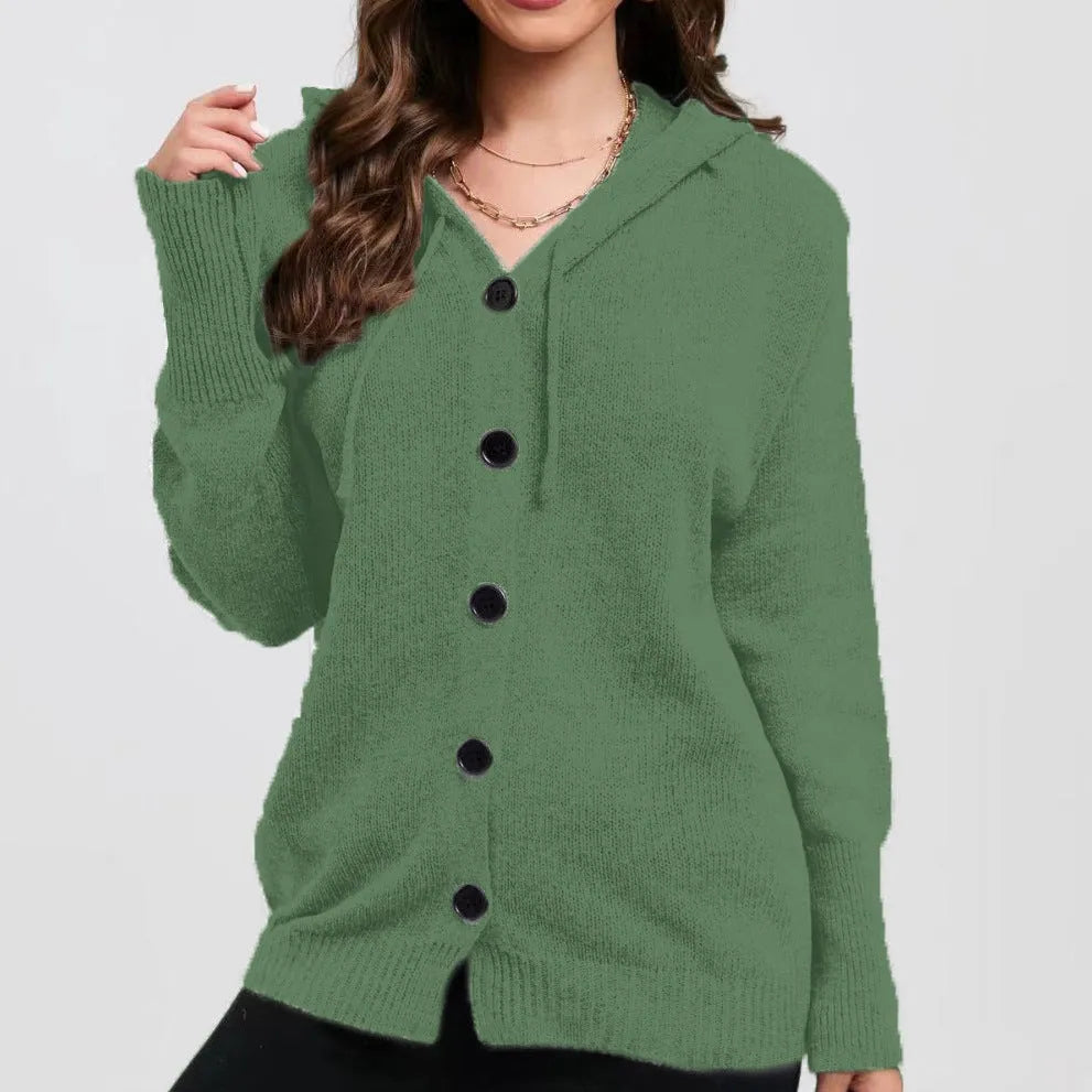 Women's loose fit hooded cardigan sweater in thick cotton fabric, shown in a solid colour.